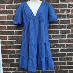 BODEN Jersey Seersucker Tiered Crinkled Cotton Blue Mini Dress Size 8 Casual